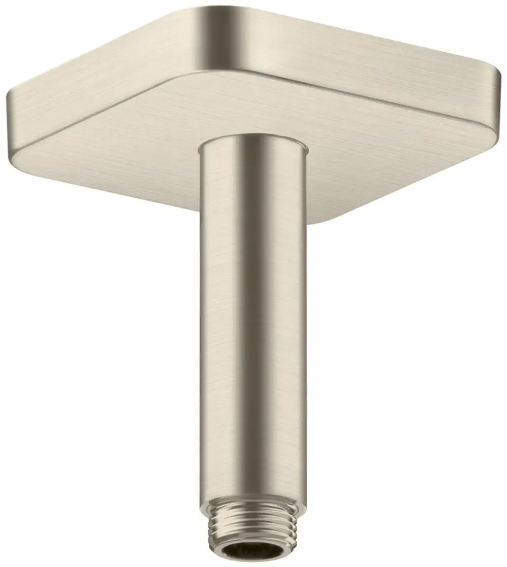 Deckenanschluss aus gebürstetem Nickel von AXOR mit quadratischer Kopfplatte und vertikalem Rohr für Duschinstallationen.